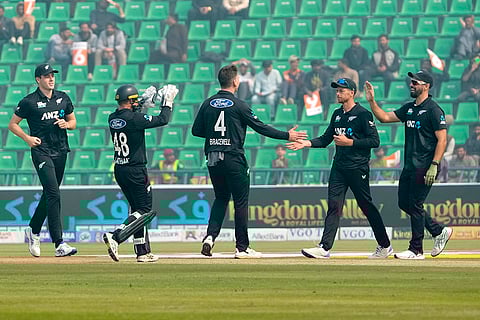 Pakistan Tri-Series Cricket Match 2, NZ Vs SA: New Zealand's Tom Latham and teammates celebrate the dismissal of South Africa's Jason Smith
