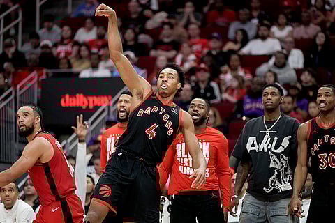 NBA 2024-25: Raptors forward Scottie Barnes (4) watches his 3-point basket-attempt