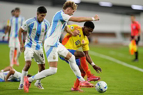 CONMEBOL U20 Championship: Colombia's Oscar Perea and Argentina's Thiago Silvero fight for the ball