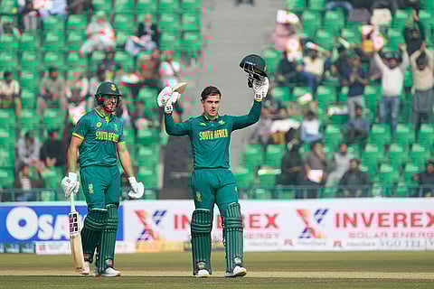 Pakistan Tri-Series Cricket Match 2, NZ Vs SA: South Africa's Mathew Breetzke celebrates after scoring century