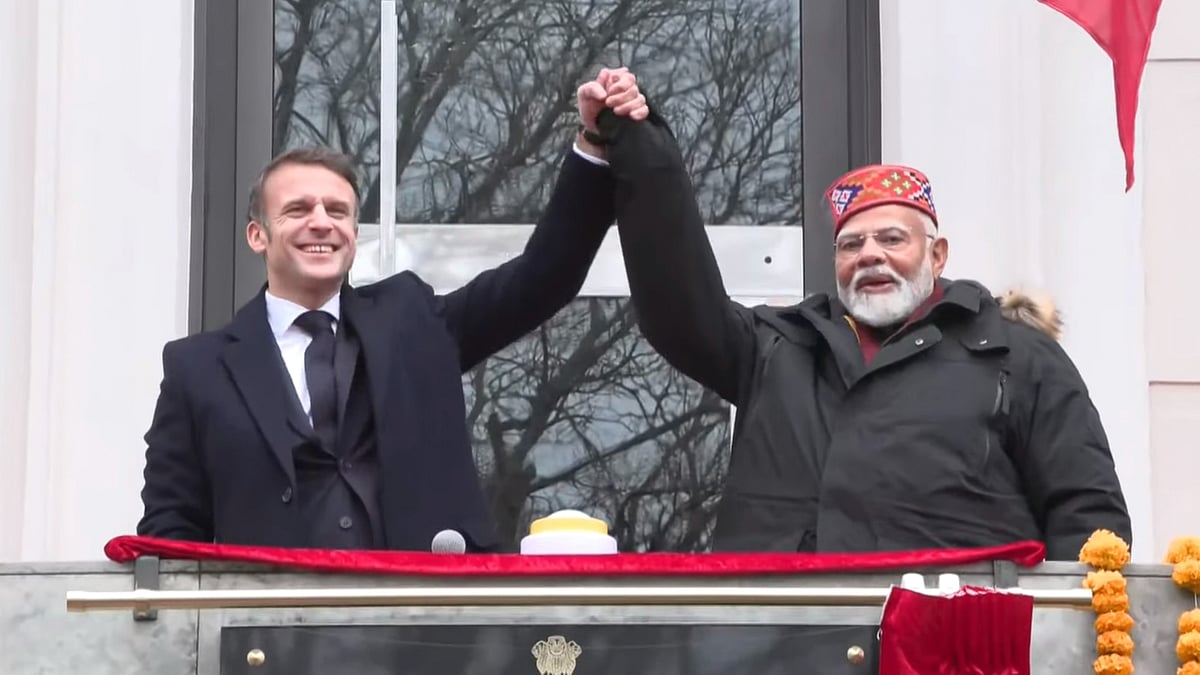 PTI : In this screenshot taken from @NarendraModi/YT on Wednesday, Feb. 12, 2025, Prime Minister Narendra Modi and French President Emmanuel Macron join hands during inauguration of the Indian Consulate in Marseille, France.