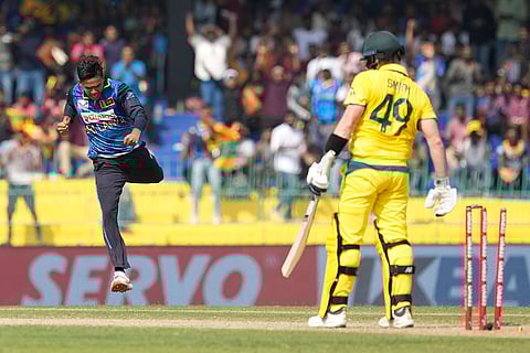 SL vs AUS 1st ODI: Sri Lanka's Danith Wellalage celebrates the wicket of Australia's Steven Smith