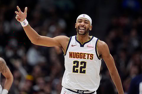 NBA 2024-25: Nuggets forward Zeke Nnaji reacts after hitting a 3-point basket