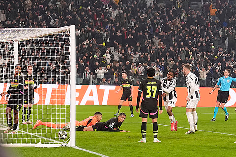 Champions League playoff first leg: Juventus' Samuel Mbangula celebrates after scoring their side's second goal
