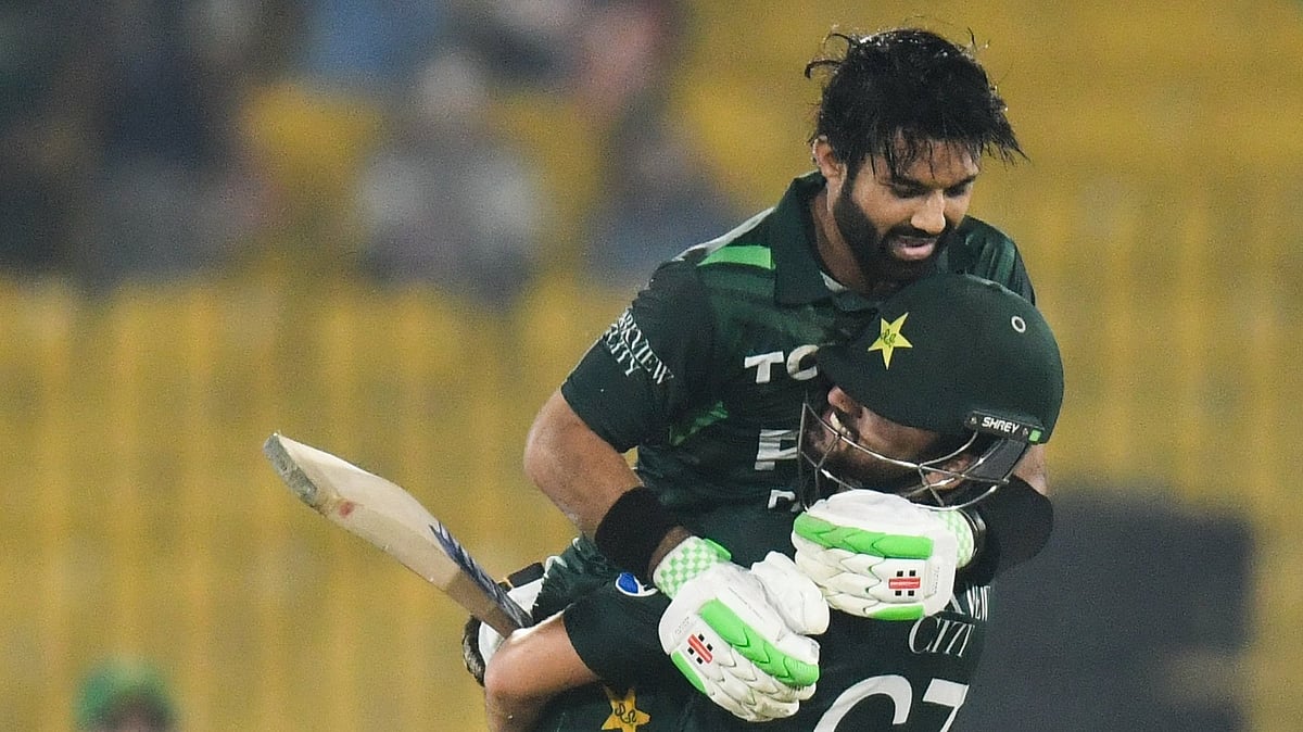 Skipper Mohammad Rizwan and vice-captain Salman Ali Agha celebrating Pakistan's win. - X/ @TheRealPCB