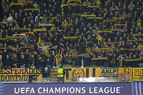 Champions League playoff first leg: Soccer fans cheer during Sporting CP vs Borussia Dortmund match