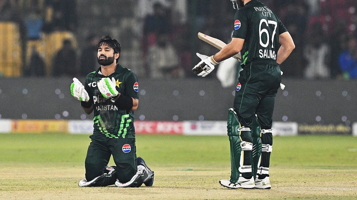 Mohammad Rizwan celebrates his century for Pakistan on Wednesday