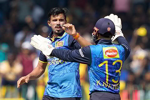 SL vs AUS 1st ODI: Sri Lanka's Maheesh Theekshana celebrates the wicket of Australia's Cooper Connolly