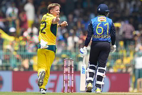 SL vs AUS 1st ODI: Australia's Nathan Ellis celebrates the wicket of Sri Lanka's Maheesh Theekshana