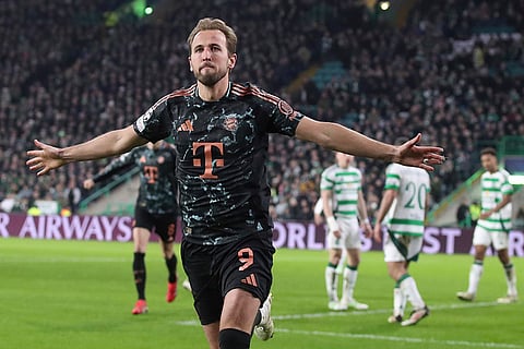 Champions League playoff first leg: Bayern's Harry Kane celebrates after scoring his side's second goal