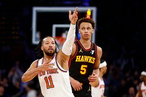 NBA 2024-25: Knicks guard Jalen Brunson (11) reacts after making a three-point basket