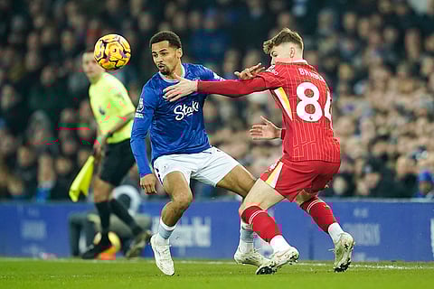 EPL 2024-25: Everton's Iliman Ndiaye challenges for the ball with Liverpool's Conor Bradley