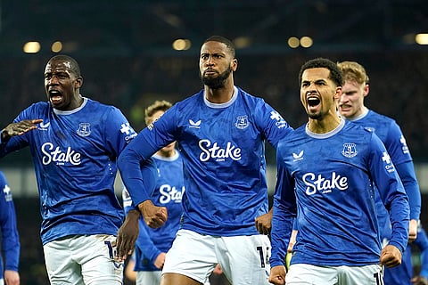 EPL 2024-25: Everton's Beto celebrates with teammates after scoring his side's opening goal