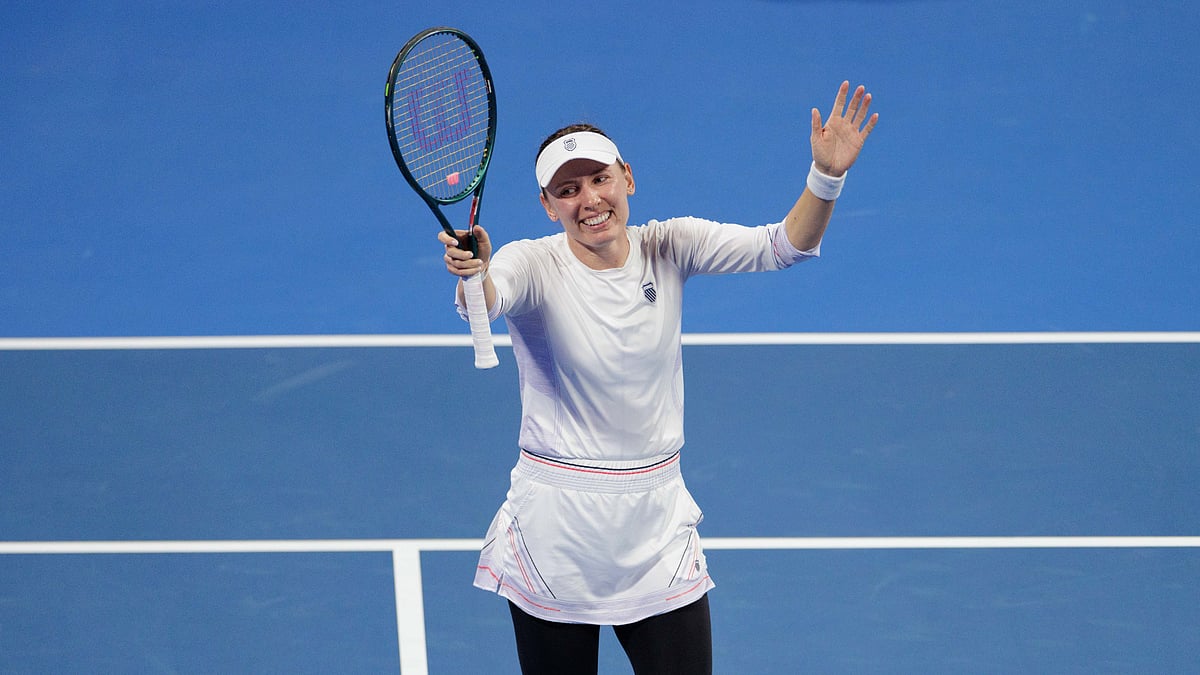 Ekaterina Alexandrova celebrates her win over Jessica Pegula at the Qatar Open