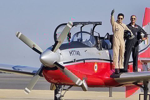 Aero India 2025: Tejasvi Surya takes a sortie in HTT 40 aircraft