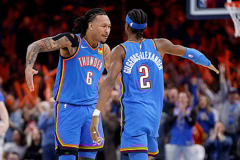 NBA 2024-25: Thunder forward Jaylin Williams (6) and guard Shai Gilgeous-Alexander (2) celebrate