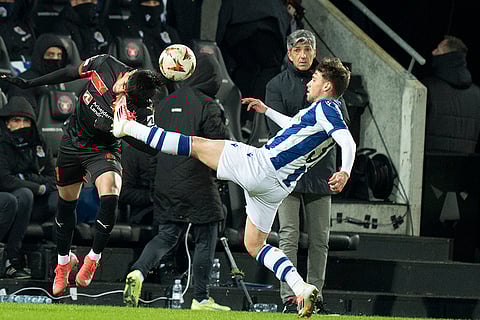 Europa League playoff 1st Leg: Real Sociedad's Jon Balda against FC Midtjylland's Dario Osorio battle for the ball