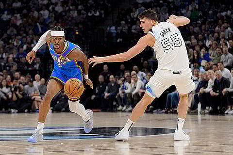 NBA 2024-25: Thunder guard Shai Gilgeous-Alexander (2) works toward the basket