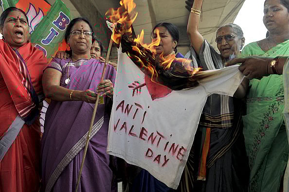 NOAH SEELAM/AFP via Getty Images : BJP members during a protest to denounce Valentine's Day in Hyderabad.
