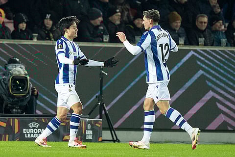 Europa League playoff 1st Leg: Real Sociedad's Takefusa Kubo celebrates after scoring their side's second goal