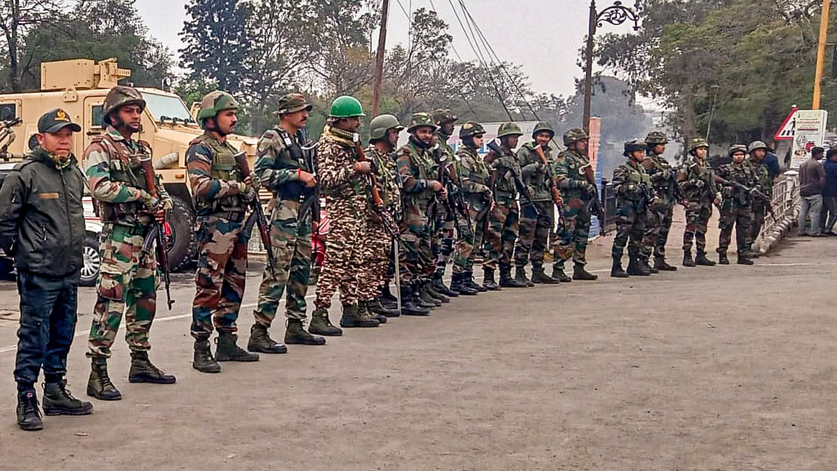  Security personnel stand guard following imposition of President's rule in the state, in Imphal, Manipur, Thursday, Feb. 13, 2025. Security agencies have been put on high alert in the state to counter any mischief by banned terror groups here following imposition of President's rule in the state, officials said Thursday. - PTI