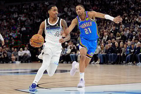 NBA 2024-25: Timberwolves guard Rob Dillingham (4) works toward the basket