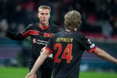 Europa League playoff 1st Leg: FC Midtjylland's Adam Buksa celebrates after scoring their side's first goal