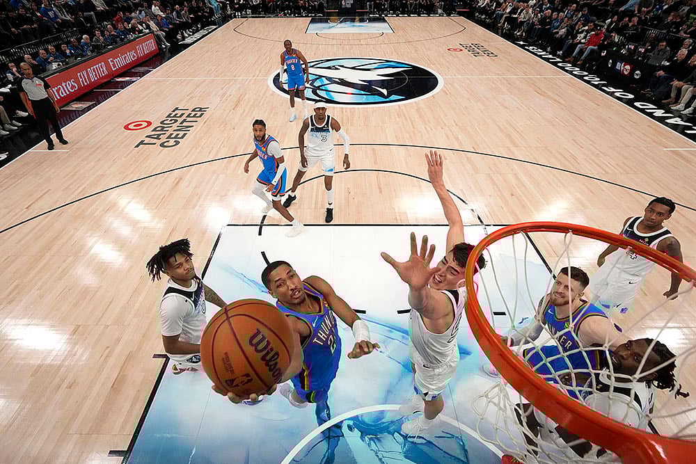 | Photo: AP/Abbie Parr : NBA 2024-25: Thunder guard Aaron Wiggins (21) goes up for a shot as Timberwolves center Luka Garza