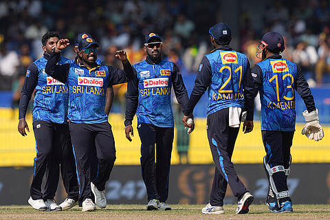 SL vs AUS 2nd ODI: Sri Lankan team members celebrate the wicket of Australia's Aaron Hardie