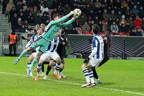 Europa League playoff 1st Leg: Real Sociedad goalkeeper Unai Marrero clears the ball