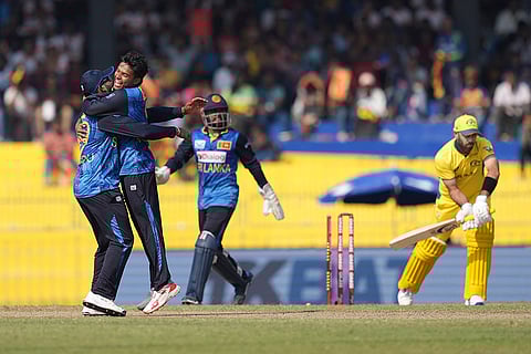SL vs AUS 2nd ODI: Sri Lanka's Danith Wellalage celebrates the wicket of Australia's Glenn Maxwell