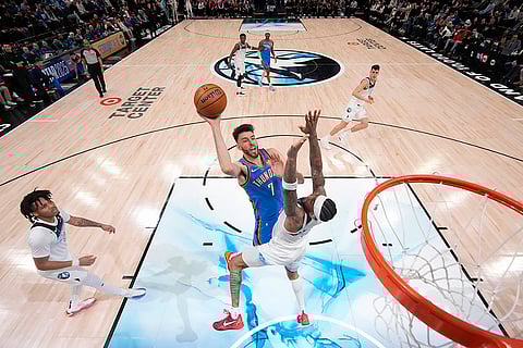 NBA 2024-25: Thunder forward Chet Holmgren (7) goes up for a shot as Timberwolves guard Nickeil Alexander-Walker (9) defends