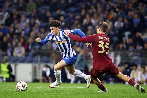 Europa League playoff 1st Leg: Porto's Pepe runs with the ball past Roma's Tommaso Baldanzi