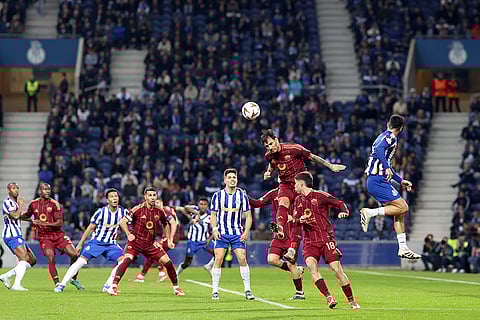 Europa League playoff 1st Leg: Roma's Leandro Paredes heads the ball