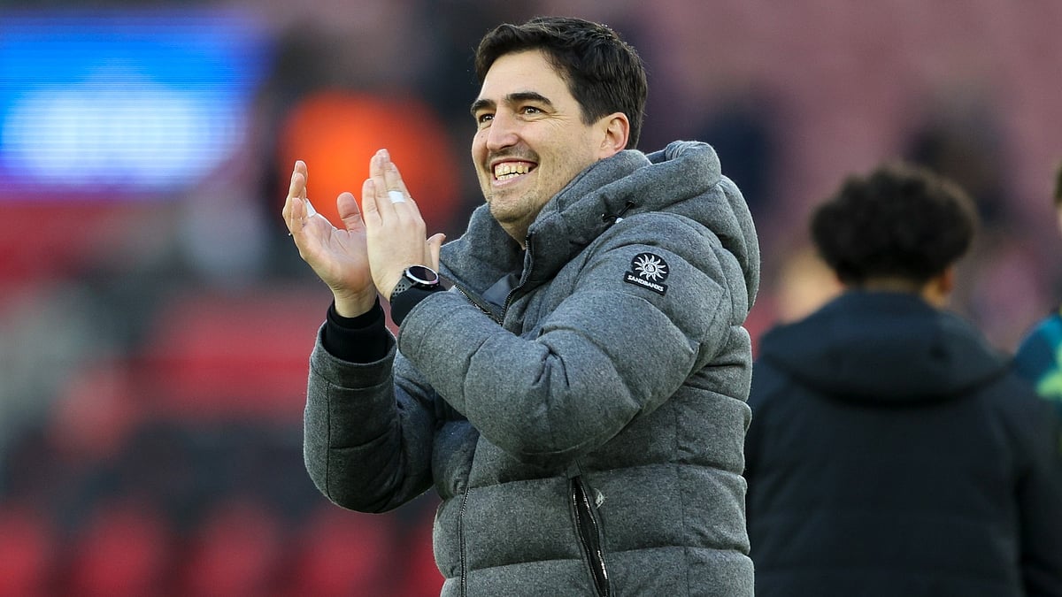 Andoni Iraola applauds the travelling AFC Bournemouth fans after victory over Southampton.