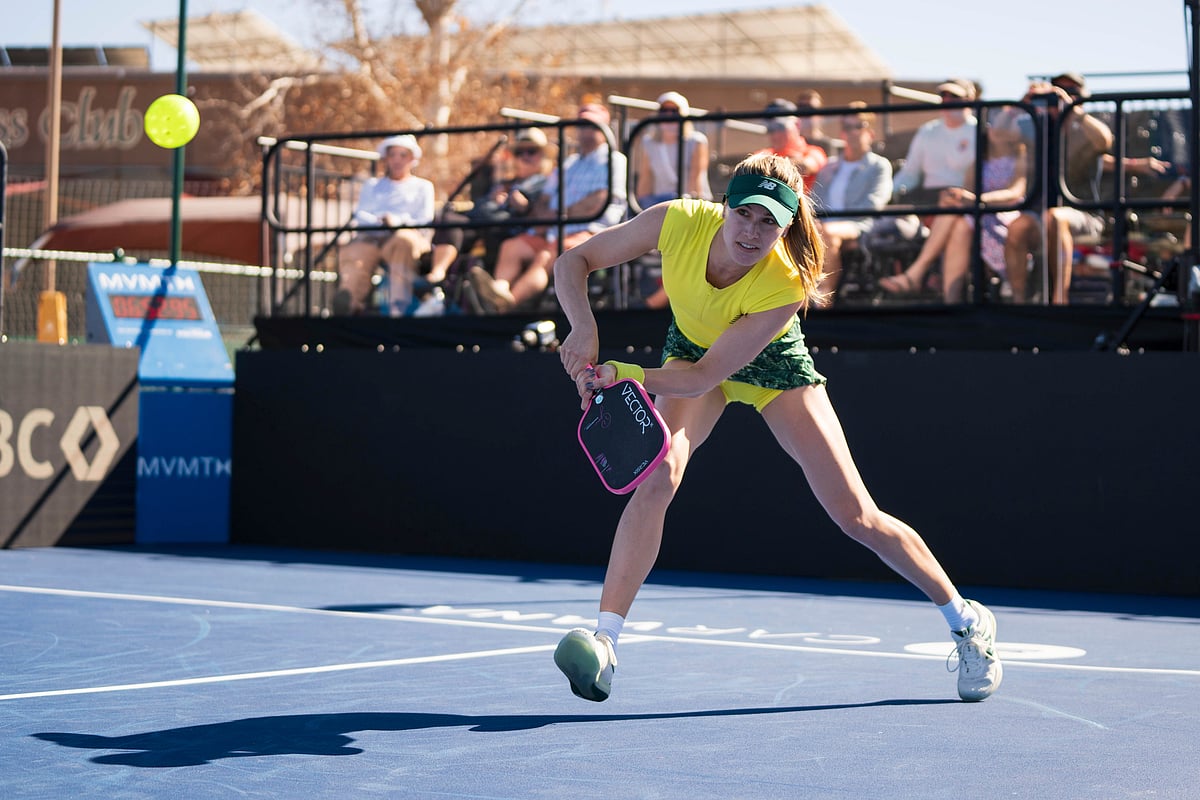  (Carvana PPA Tour via AP) : Professional tennis player Eugenie Bouchard plays a shot during a pickleball match, Feb.. 6, 2025, in Tucson, Ariz.