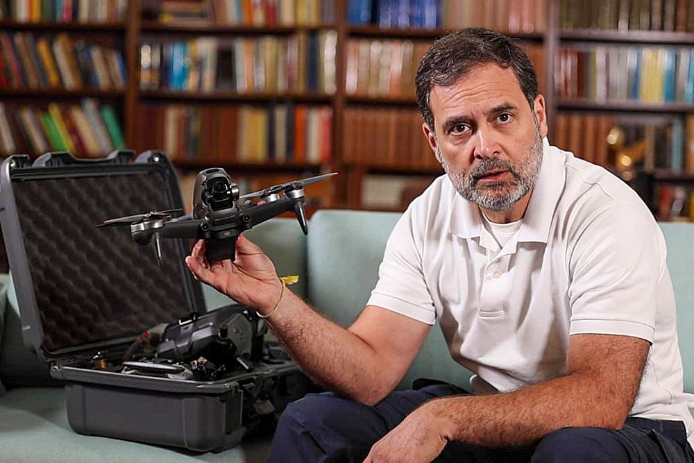 | Photo: AICC via PTI : Rahul Gandhi speaks about drone tech