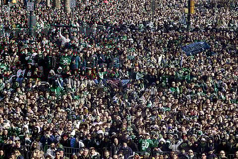 Super Bowl Eagles Parade: Fans look on during the national anthem