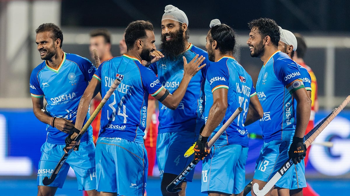 X/TheHockeyIndia : The IND men's hockey team celebrate a goal during their match against Great Britain.