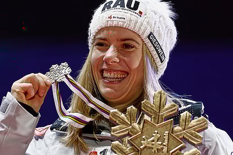 Austria Ski Worlds: Austria's Katharina Liensberger shows her bronze medal