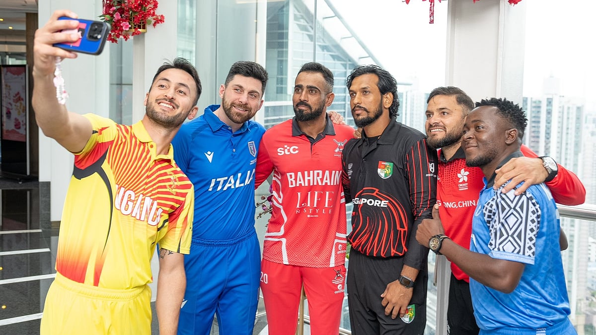 X/CricketHK : The captains of the respective ICC Challenge League B posing for a selfie.