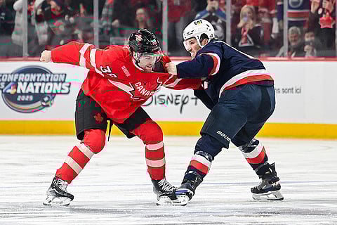 4 Nations Hockey USA vs Canada: Canada's Brandon Hagel fights with United States' Matthew Tkachuk