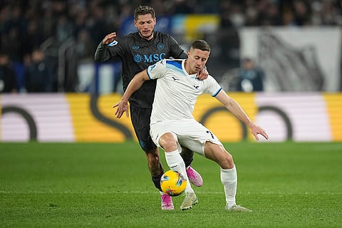Serie A 2024-25: Lazio's Adam Marusic is challenged by Napoli's Pasquale Mazzocchi