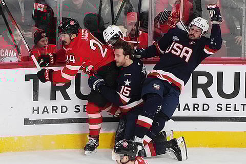4 Nations Hockey USA vs Canada: Canada's Seth Jarvis (24) collides along the boards