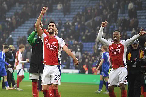 Premier League 2024-25: Arsenal's Mikel Merino celebrates with Arsenal's Gabriel after scoring his side's second goal