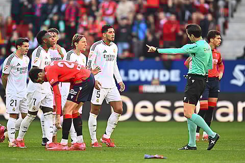 La Liga  2024-25: Real Madrid's Jude Bellingham protests to the referee after being shown a red card