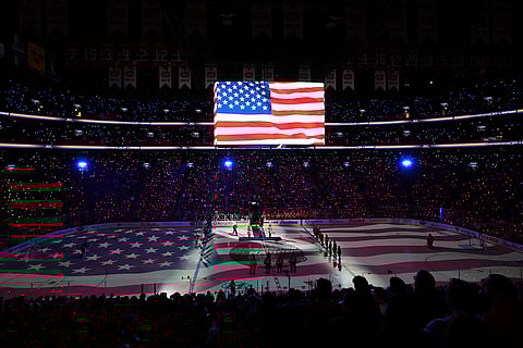 4 Nations Hockey USA vs Canada: Players and fans stand for the U.S. national anthem