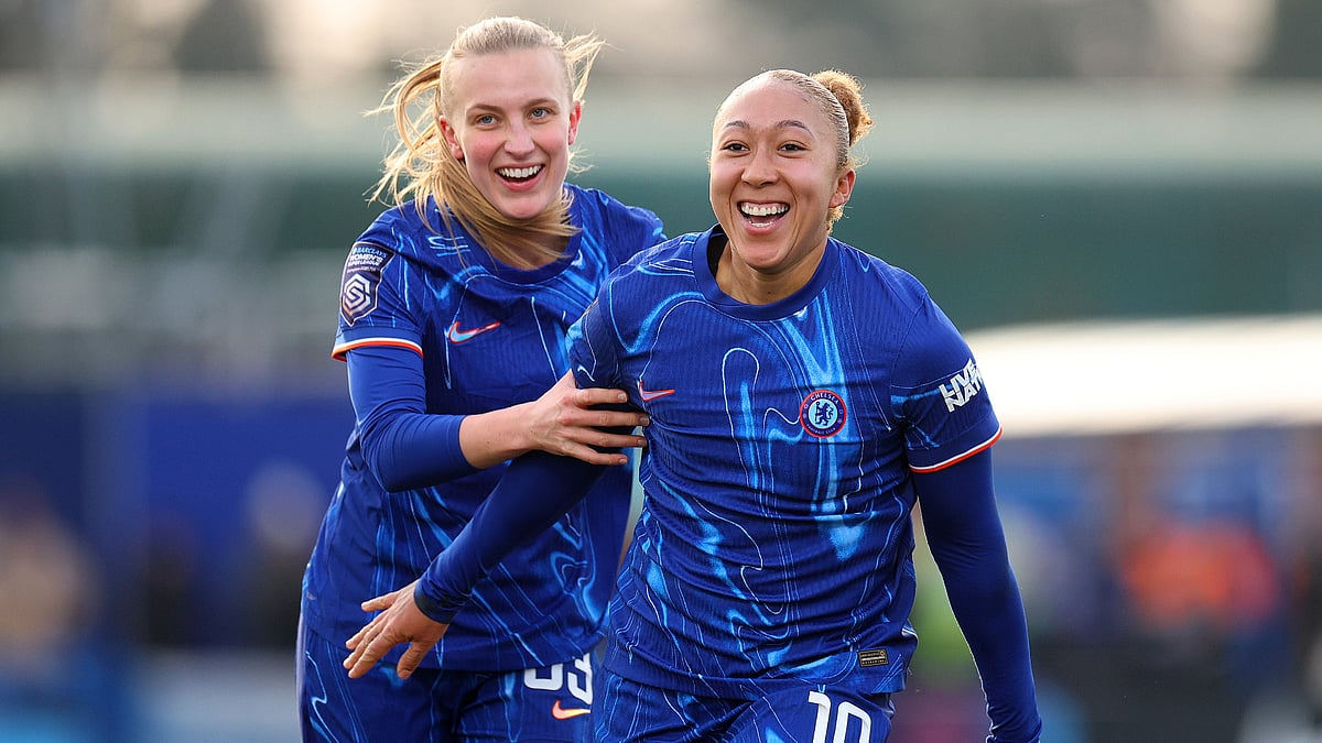 Lauren James (right) wheels away in celebration on Sunday after her late winner against Everton