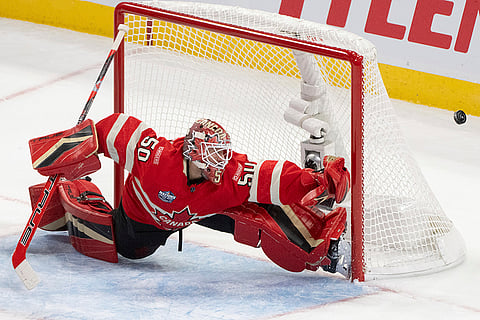 4 Nations Hockey USA vs Canada: Canada goaltender Jordan Binnington (50) stretches to make a save