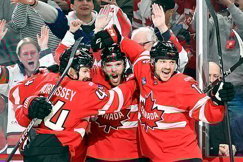 4 Nations Hockey USA vs Canada: Canada's Connor McDavid, center, celebrates after scoring